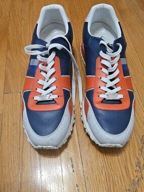 Louis Vuitton Run Away Sneakers Blue Orange Leather Monogram Auth Size 10
